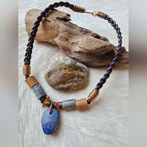 Unisex Handmade Lapis Stone Copper Coil Necklace